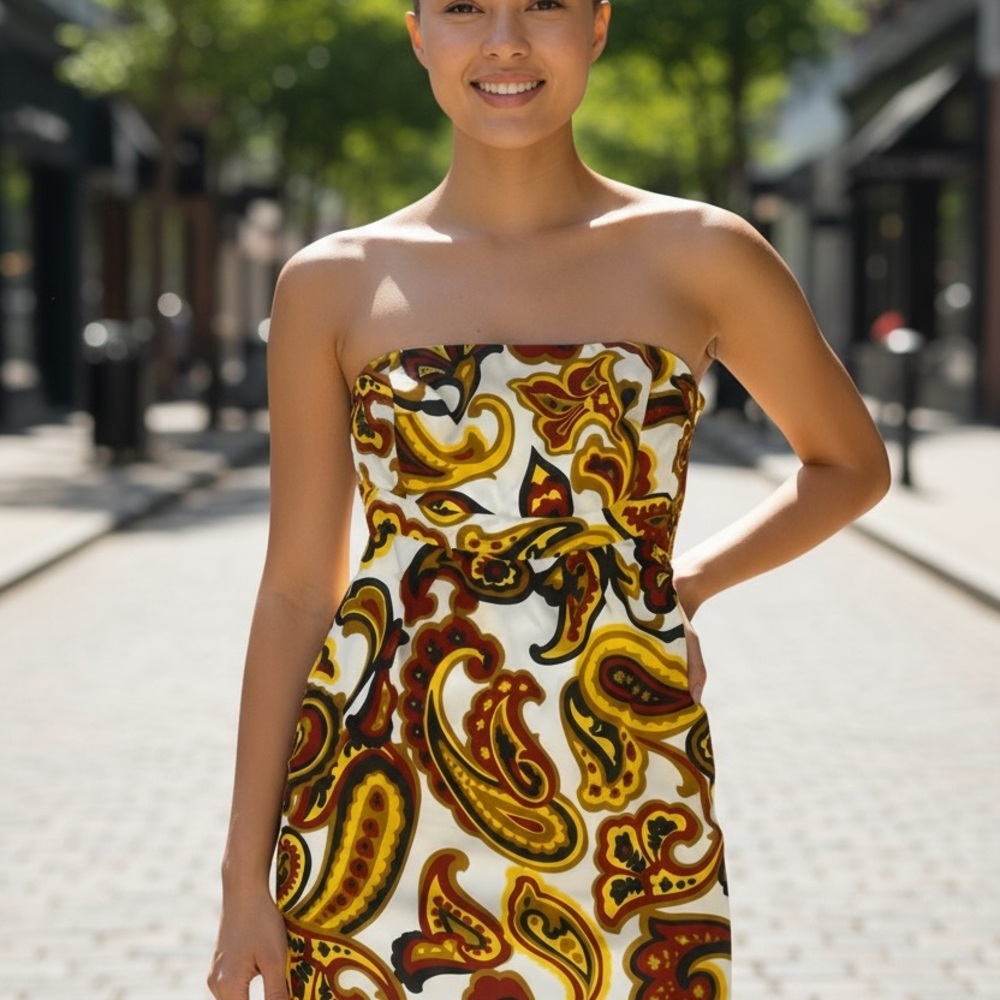 Banana Republic Strapless Paisley Dress - Yellow, Red, Brown. CAJA. # 1 B